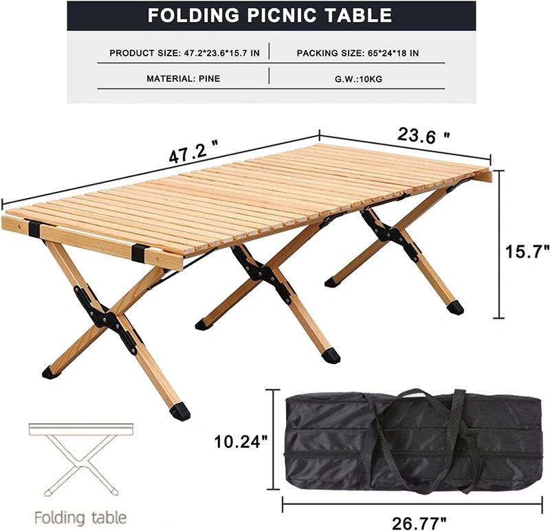Bamboo Folding Camping Picnic Table Outdoor Wooden Foldable Camp Travel Table