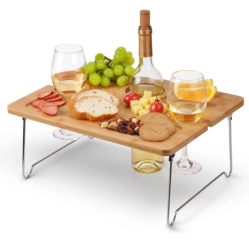 Outdoor Bamboo Picnic Wine Table with Glasses and Bottle Holder and Foldable Metal Base Tables