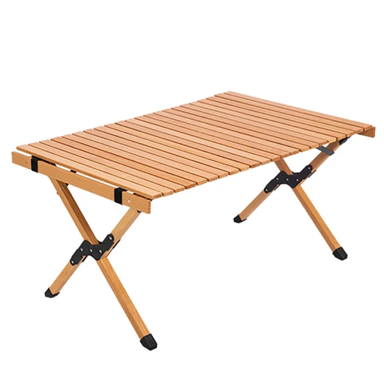 Outdoor Camping Foldable Aluminum Wooden Looking Roll up Retro Camping Picnic Table Egg Roll Folding Table